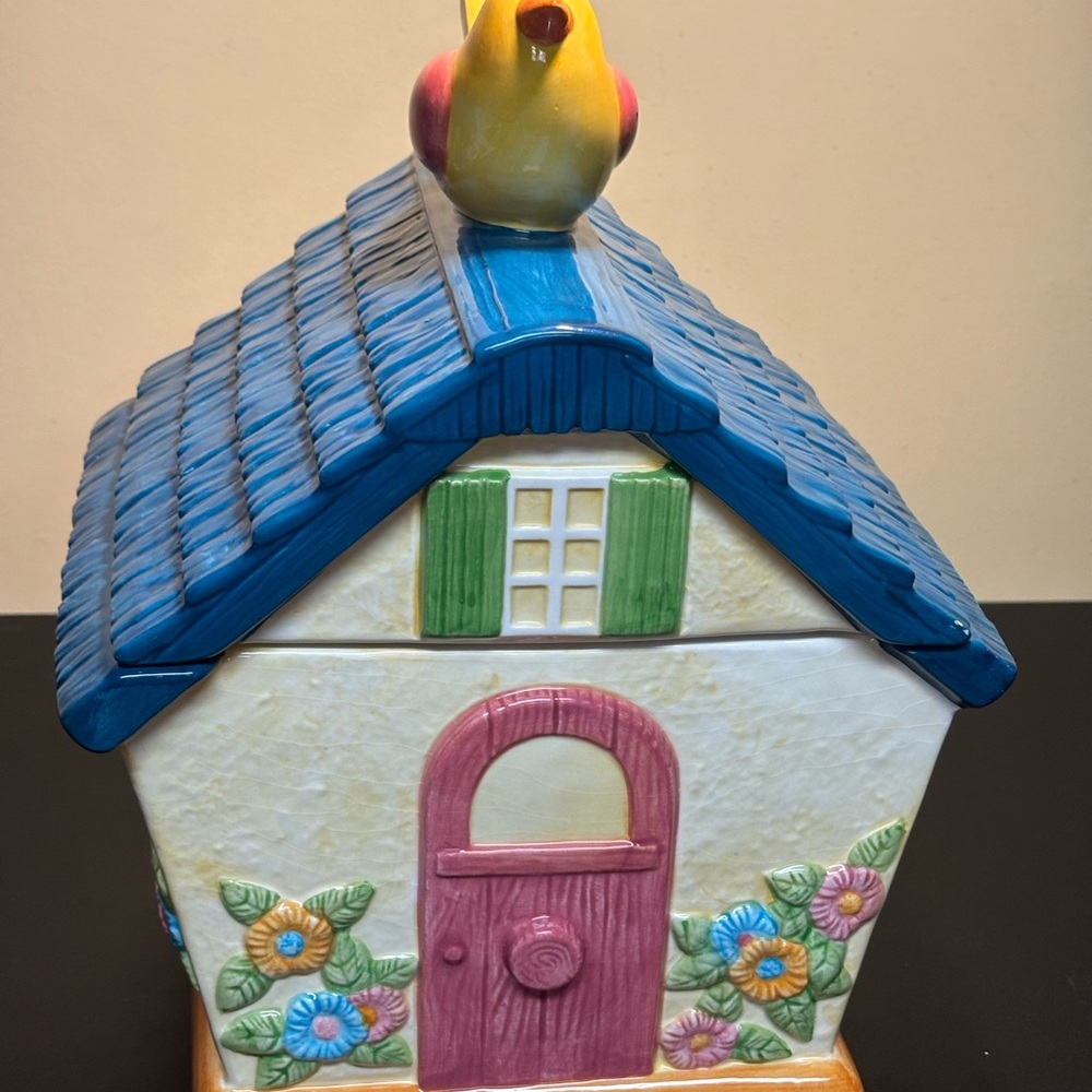 Vintage Cooks Club ceramic birdhouse cookie jar with a yellow bird on top